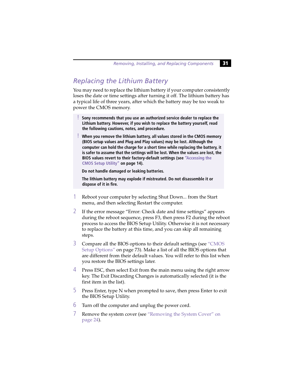 Replacing the lithium battery | Sony PCV-L630 User Manual | Page 39 / 110