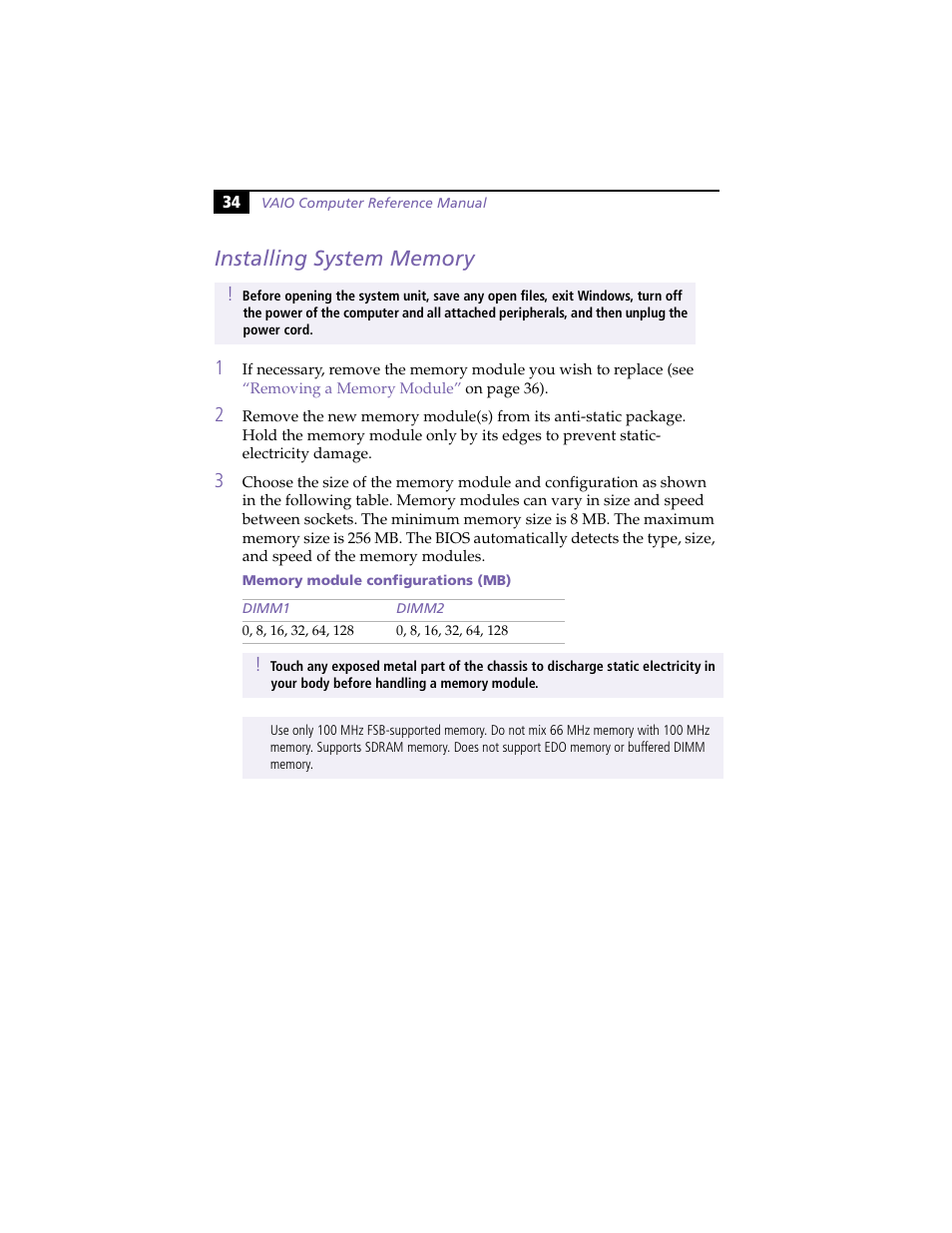 Installing system memory | Sony PCV-L630 User Manual | Page 42 / 110