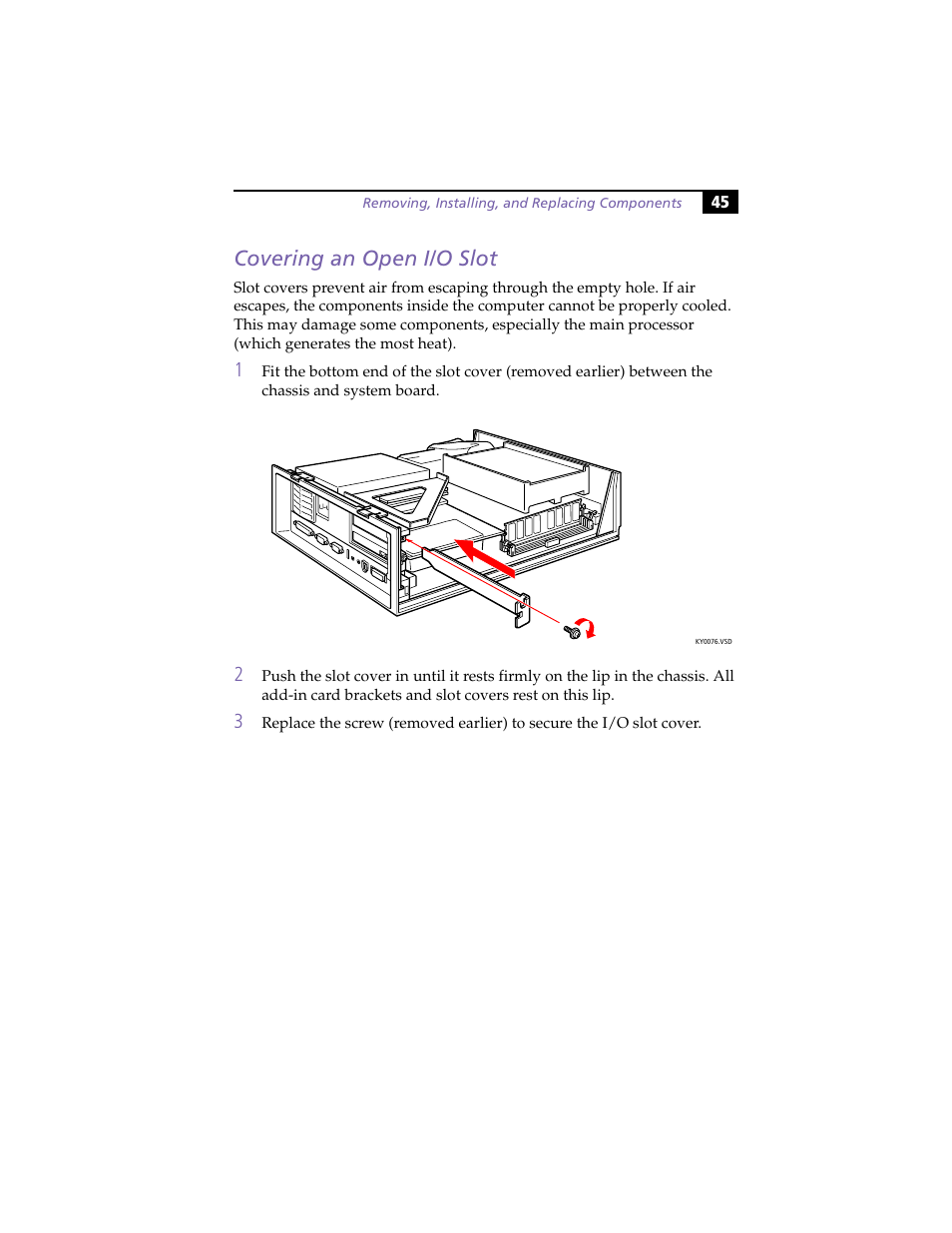 Covering an open i/o slot, Covering, An open i/o slot | Sony PCV-L630 User Manual | Page 53 / 110