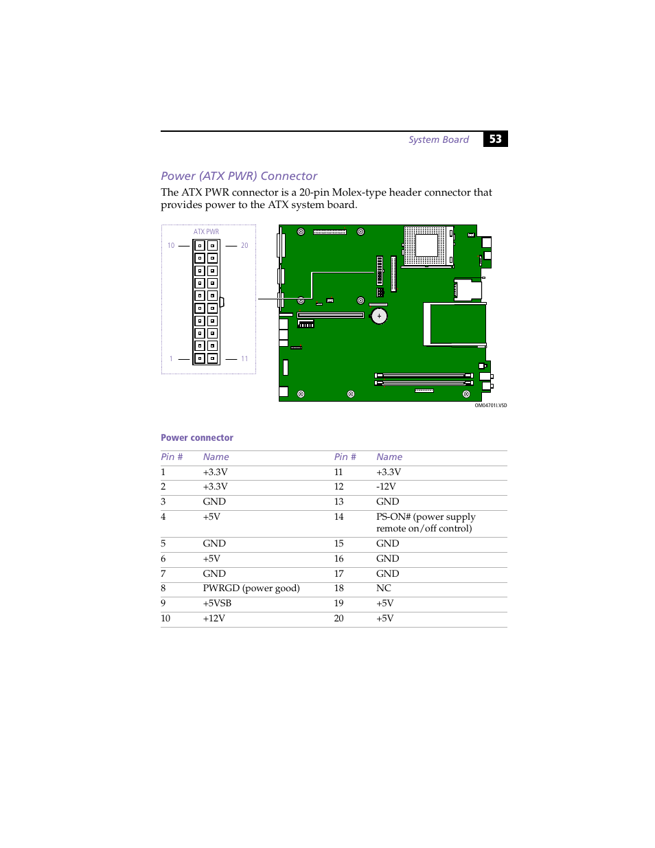 Power (atx pwr) connector, 53 power (atx pwr) connector | Sony PCV-L630 User Manual | Page 61 / 110