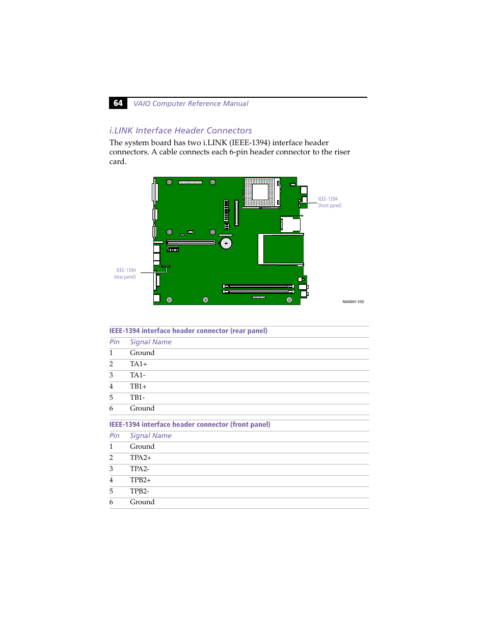 I.link interface header connectors, 64 i.link interface header connectors | Sony PCV-L630 User Manual | Page 72 / 110