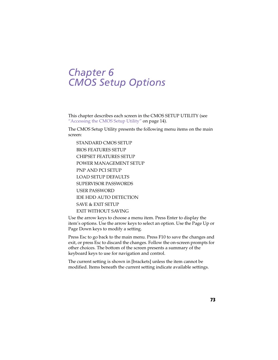 Cmos setup options, Chapter 6 — cmos setup options, Cmos | Setup options, Chapter 6 cmos setup options | Sony PCV-L630 User Manual | Page 81 / 110