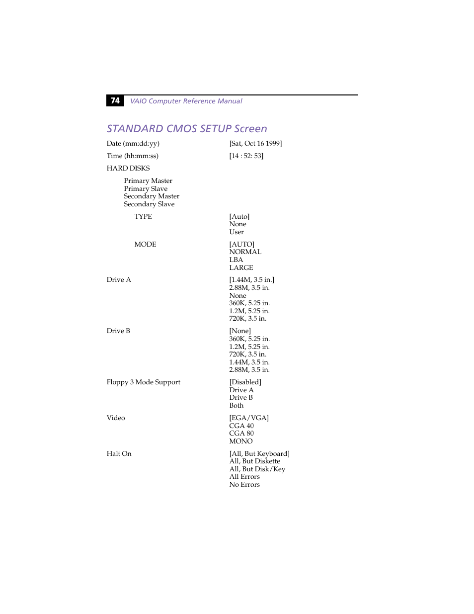 Standard cmos setup screen | Sony PCV-L630 User Manual | Page 82 / 110