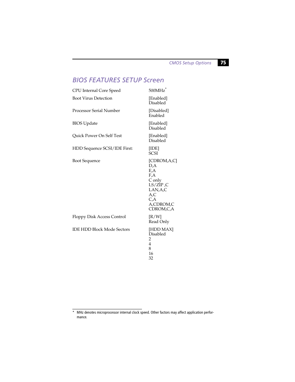 Bios features setup screen | Sony PCV-L630 User Manual | Page 83 / 110