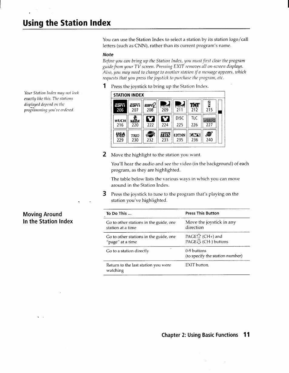Using the station index, Moving around in the station index, Chapter 2: using basic functions 11 | Sony SAT-A1 User Manual | Page 10 / 89
