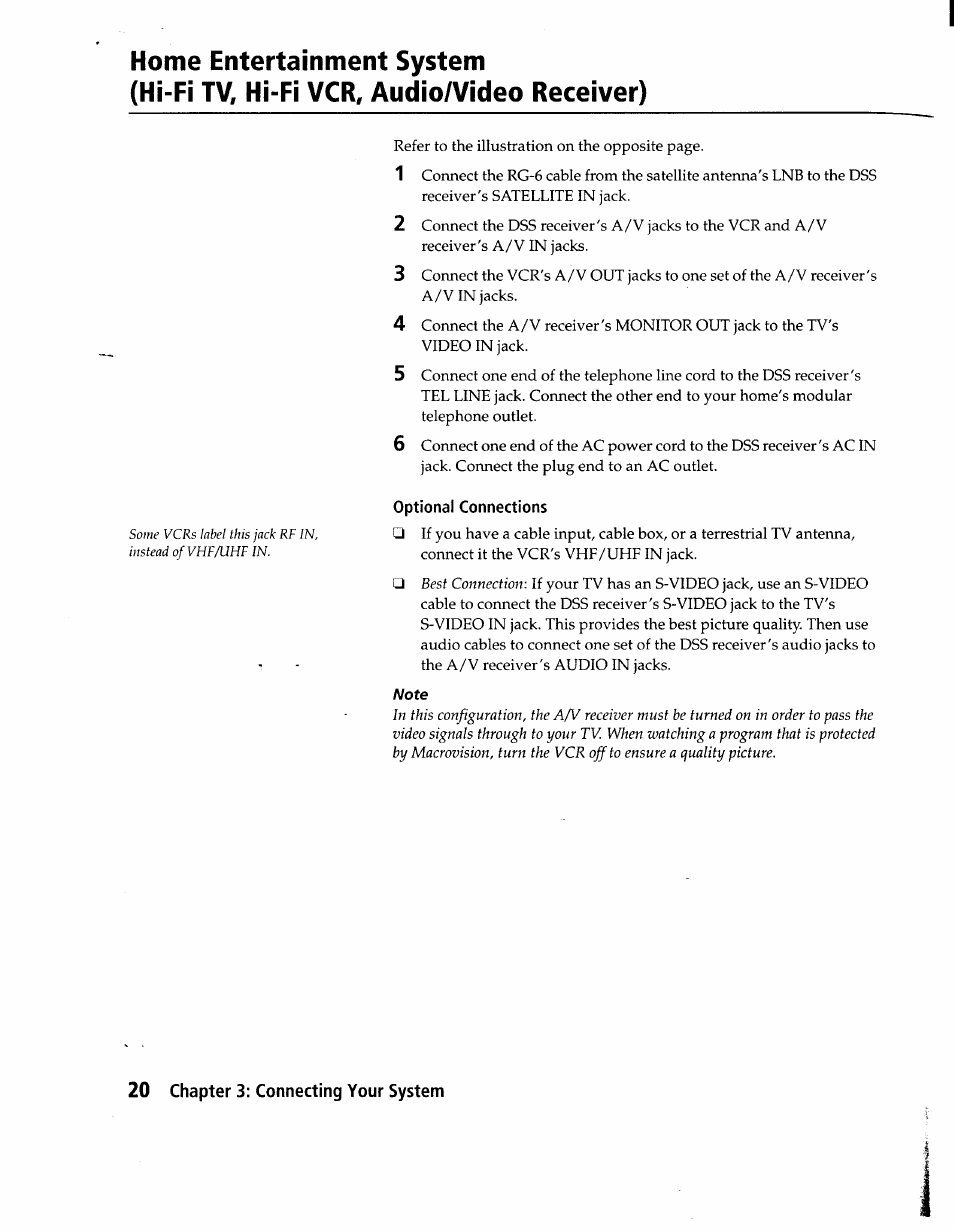 Home entertainment system, Hi-fi tv, hi-fi vcr, audio/video receiver), Optional connections | Sony SAT-A1 User Manual | Page 18 / 89