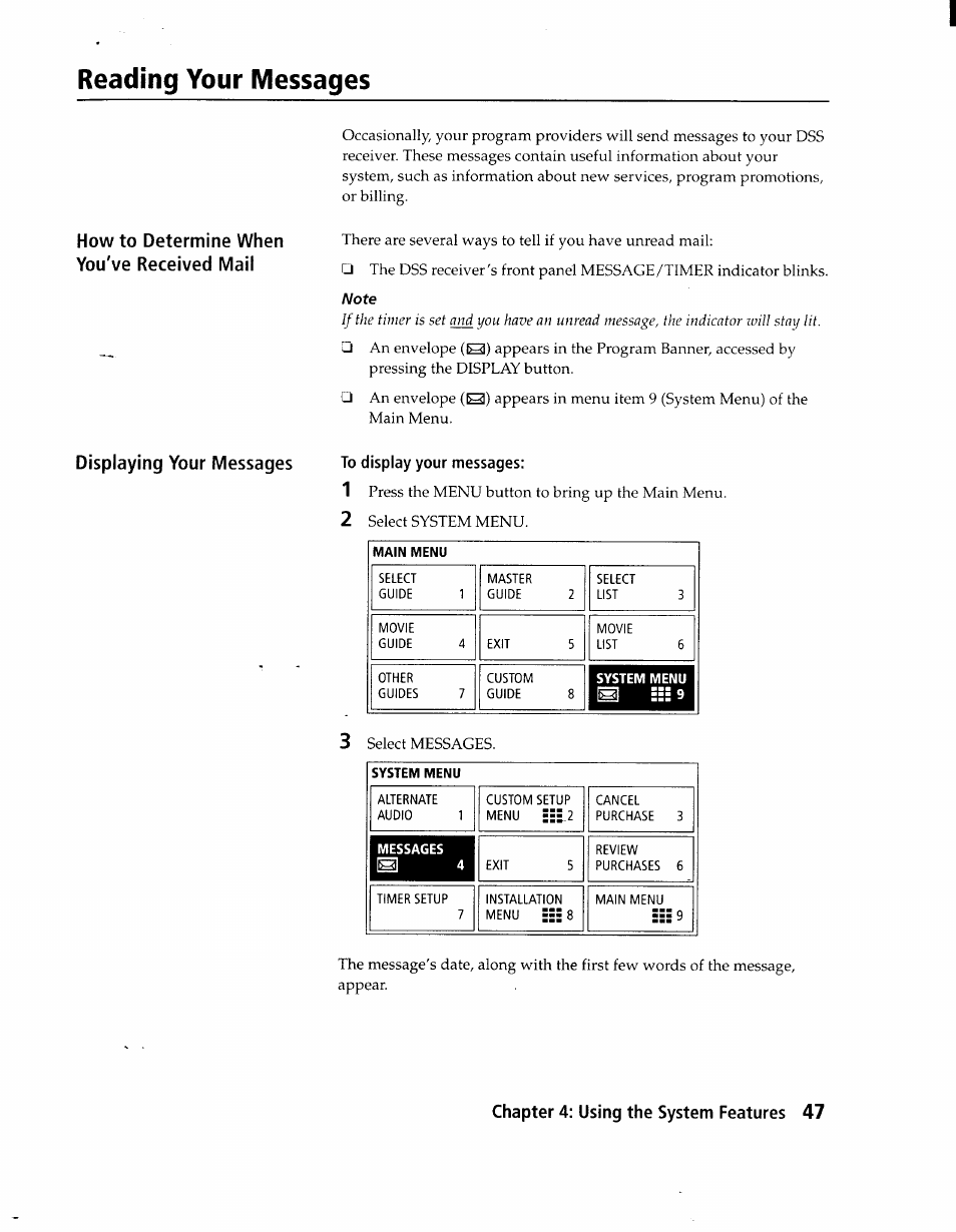 Reading your messages, Displaying your messages to display your messages | Sony SAT-A1 User Manual | Page 44 / 89