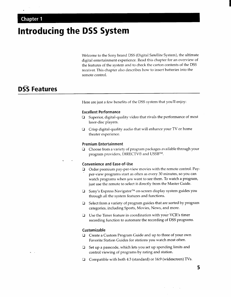 Excellent performance, Premium entertainment, Convenience and ease-of-use | Customizable, Introducing the dss system, D^s features, Chapter 1 | Sony SAT-A1 User Manual | Page 5 / 89