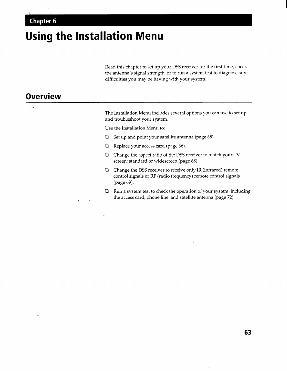 Using the installation menu, Overview | Sony SAT-A1 User Manual | Page 60 / 89