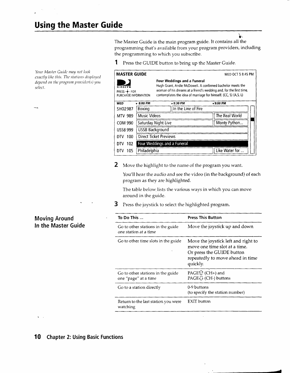 Using the master guide, Master guide, Moving around in the master guide | 10 chapter 2: using basic functions | Sony SAT-A1 User Manual | Page 9 / 89