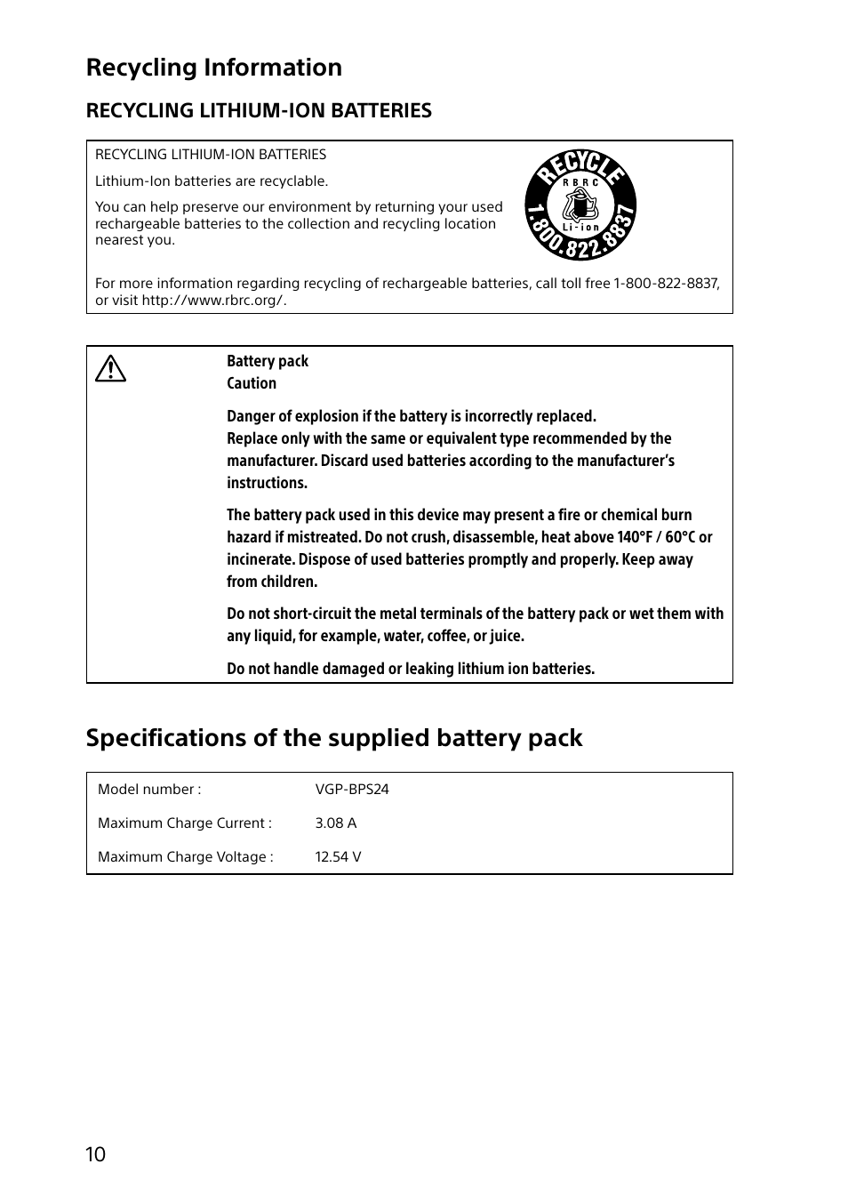 Recycling information, Specifications of the supplied battery pack, Recycling lithium-ion batteries | Sony SVS1313ZDZB User Manual | Page 10 / 16