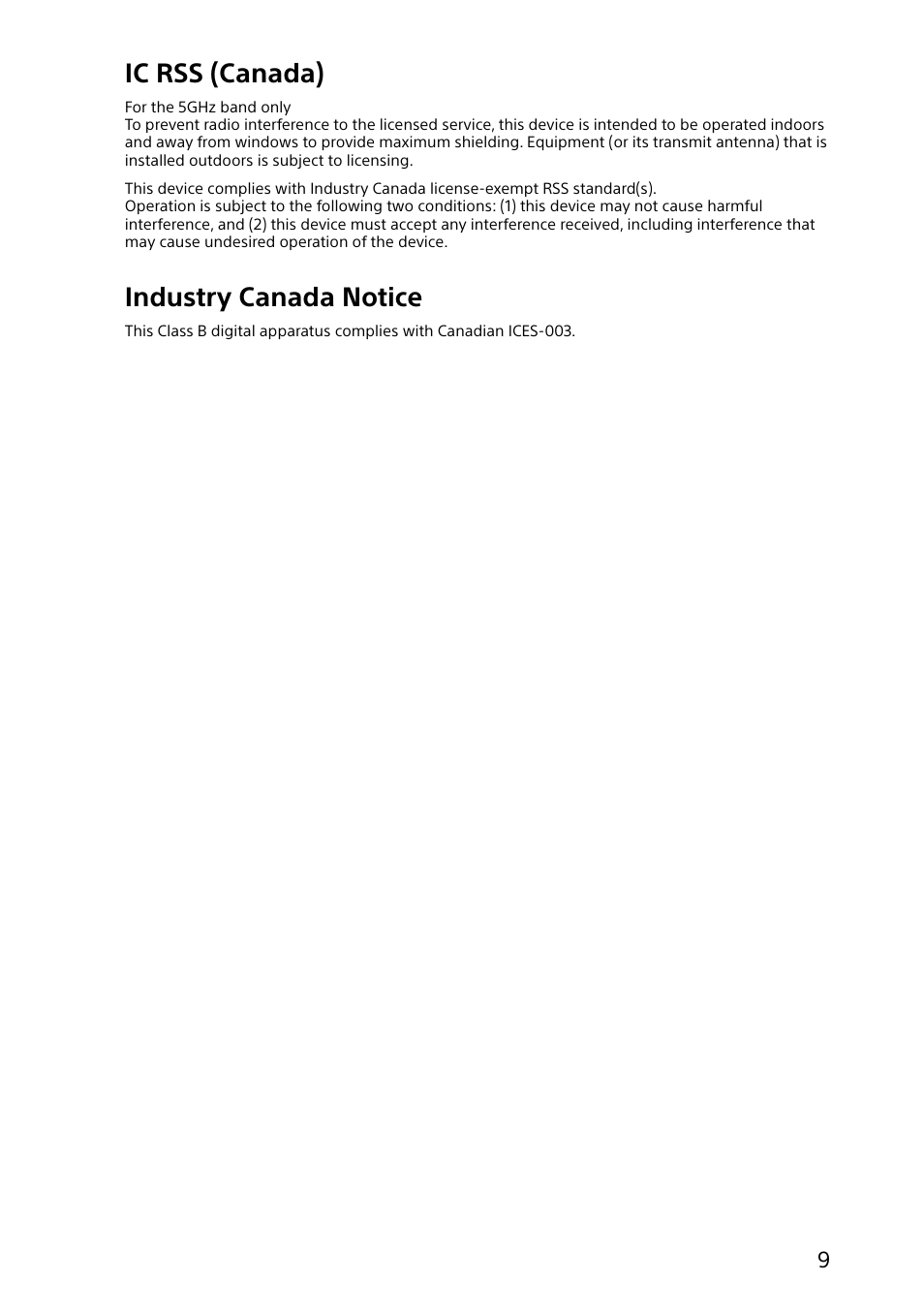 Ic rss (canada), Industry canada notice | Sony SVS1313ZDZB User Manual | Page 9 / 16