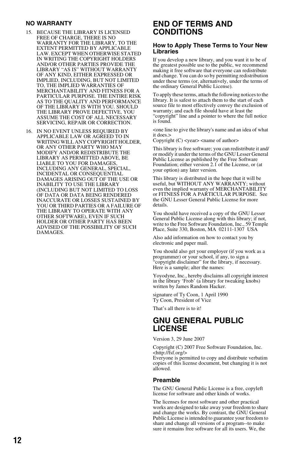 End of terms and conditions, Gnu general public license | Sony BDV-E780W User Manual | Page 12 / 28