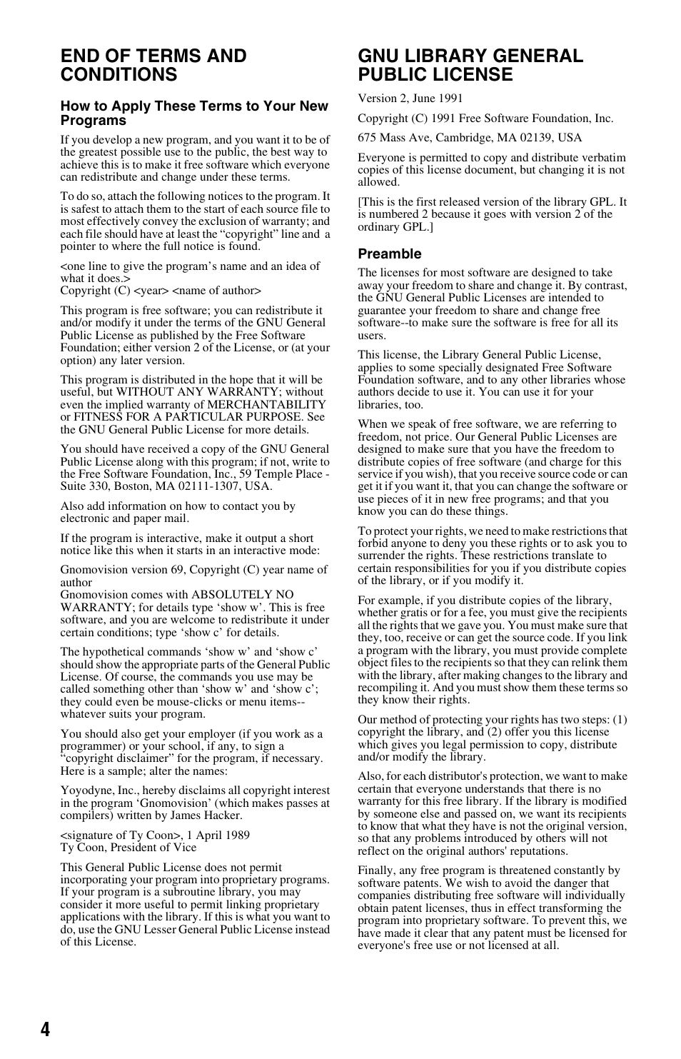 End of terms and conditions, Gnu library general public license | Sony BDV-E780W User Manual | Page 4 / 28