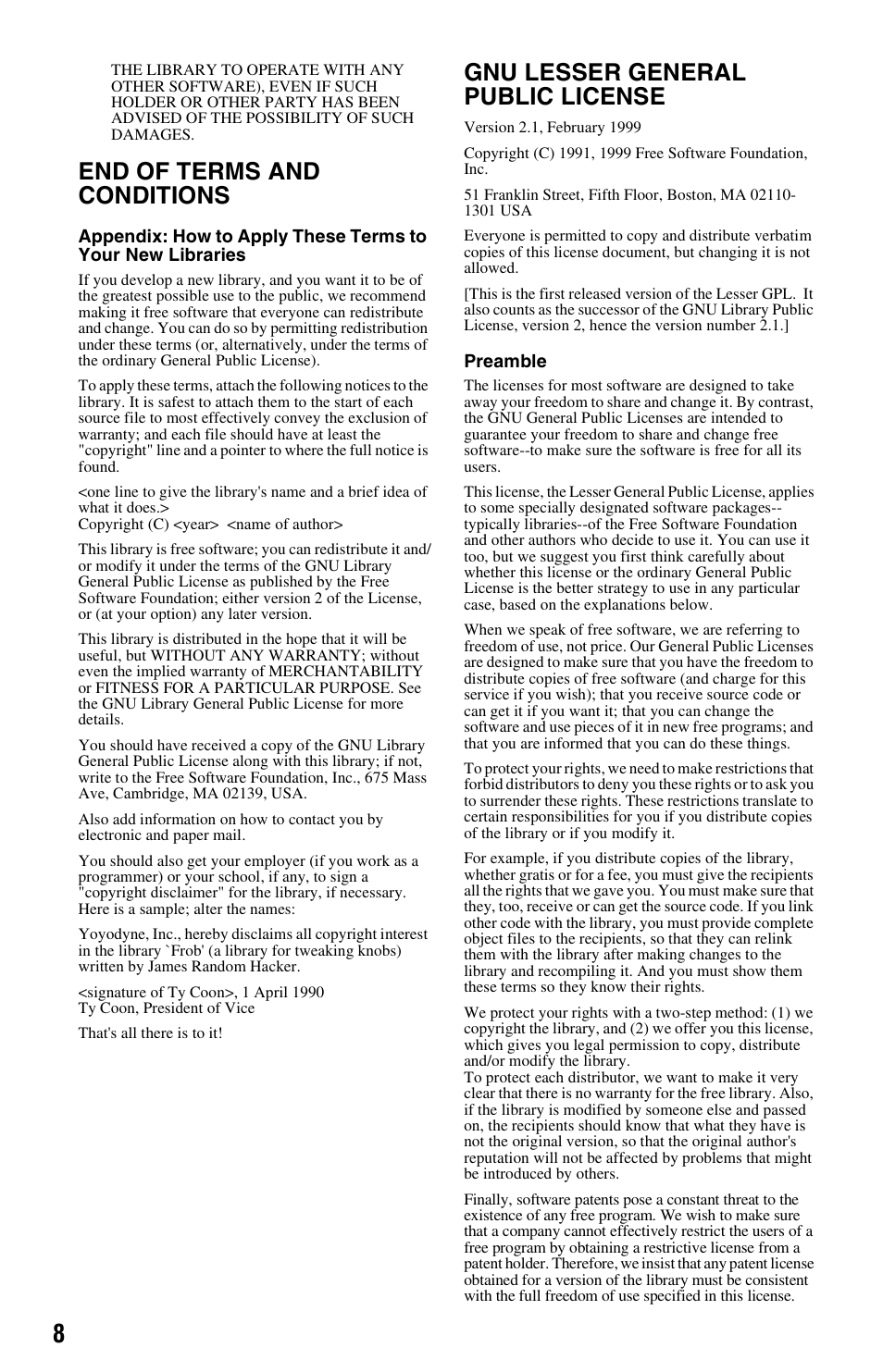 End of terms and conditions, Gnu lesser general public license | Sony BDV-E780W User Manual | Page 8 / 28