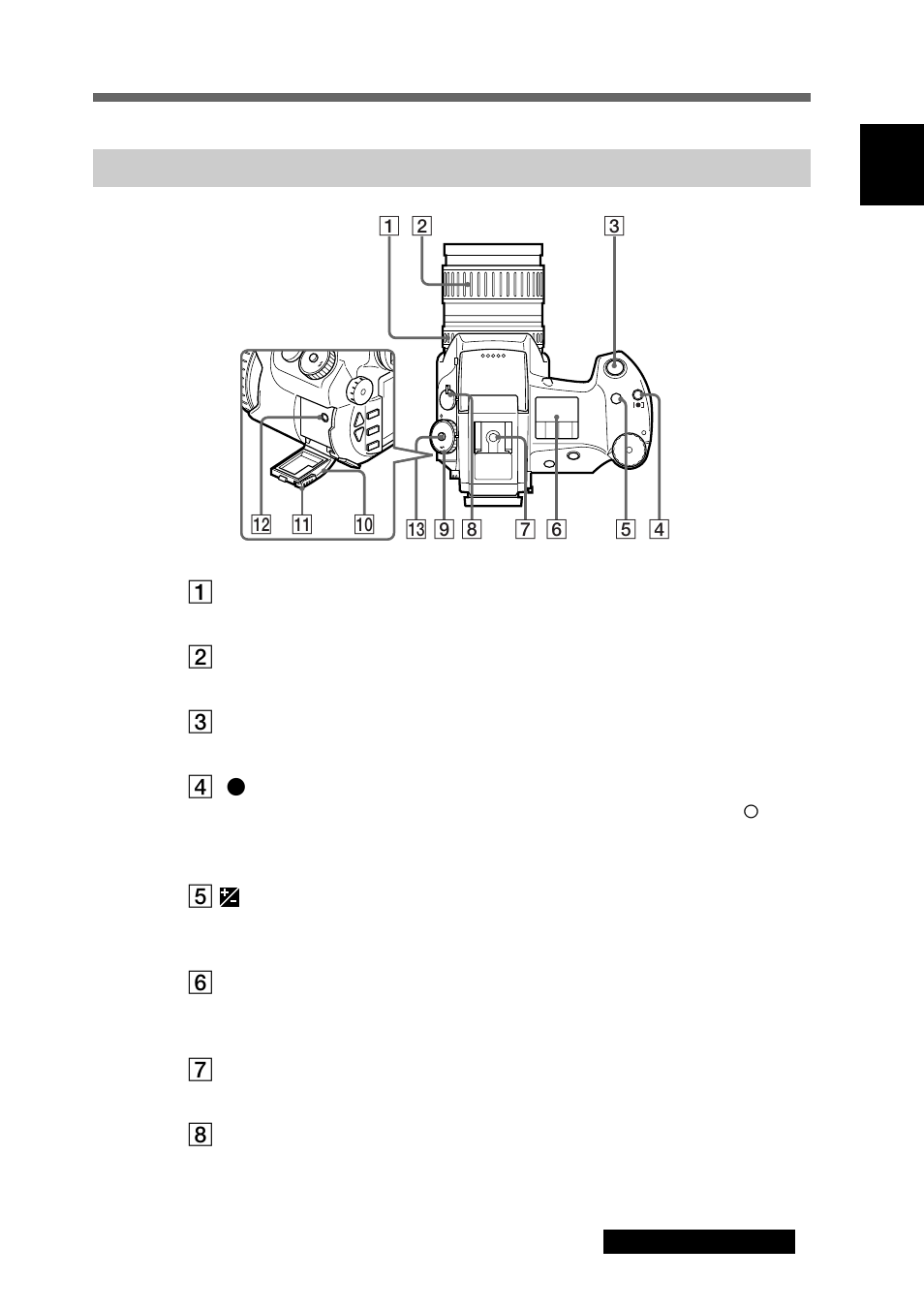 Locations and functions of p ar ts top, 1 focus ring, 2 zoom ring | 3 release button, 4 [ r ] (light metering select) button, 5 (ev) button, 6 lcd panel, 7 accessory shoe, 8 focus mode switch, Rotate left or right to adjust the focus | Sony DSC-D770 User Manual | Page 17 / 128