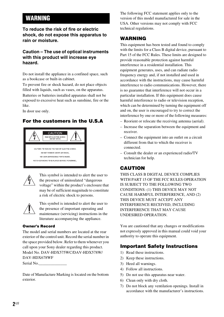 Warning | Sony HCD-HDX678WF User Manual | Page 2 / 128