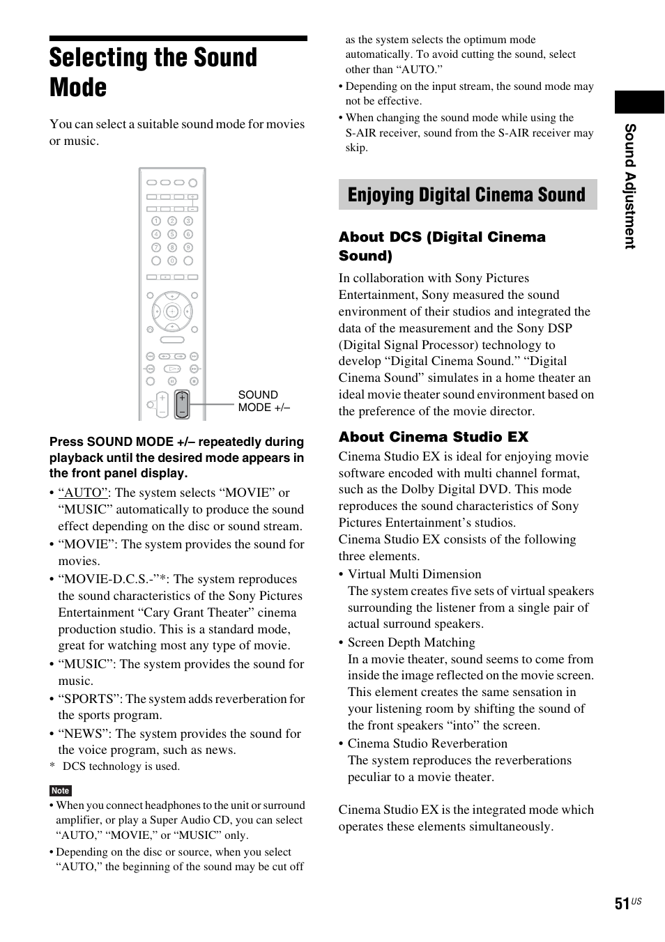 Selecting the sound mode, Enjoying digital cinema sound | Sony HCD-HDX678WF User Manual | Page 51 / 128