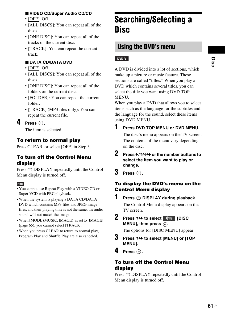 Searching/selecting a disc, Using the dvd’s menu | Sony HCD-HDX678WF User Manual | Page 61 / 128