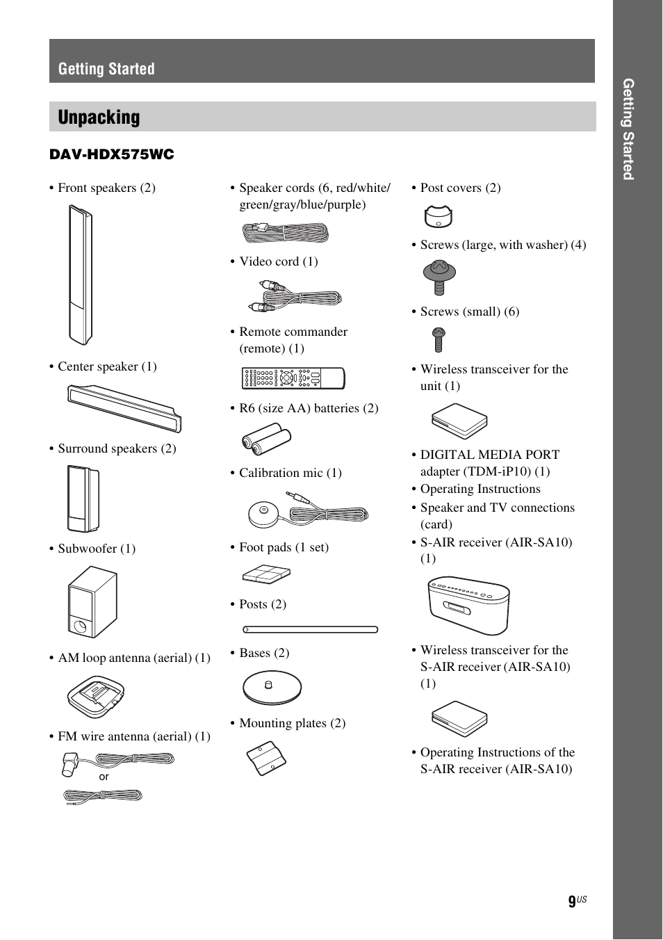 Getting started, Unpacking | Sony HCD-HDX678WF User Manual | Page 9 / 128