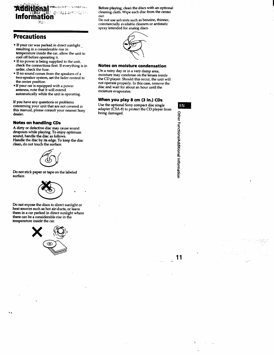 Precautions, Notes on moisture condensation, When you play 8 cm (3 in.) cds | Notes on handling cds, Information | Sony CDX-4180 User Manual | Page 11 / 16