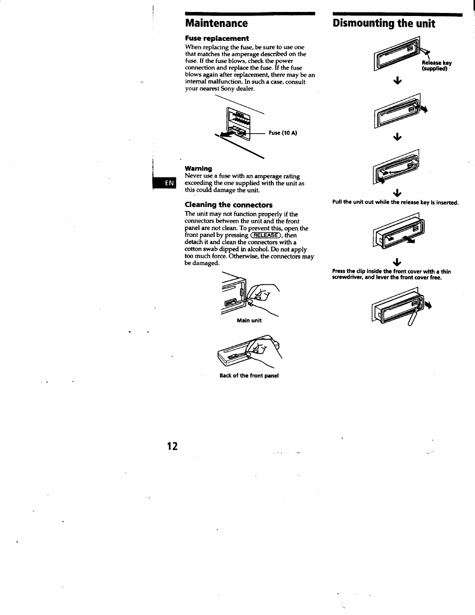 Maintenance, Fuse replacement, Cleaning the connectors | Dismounting the unit | Sony CDX-4180 User Manual | Page 12 / 16