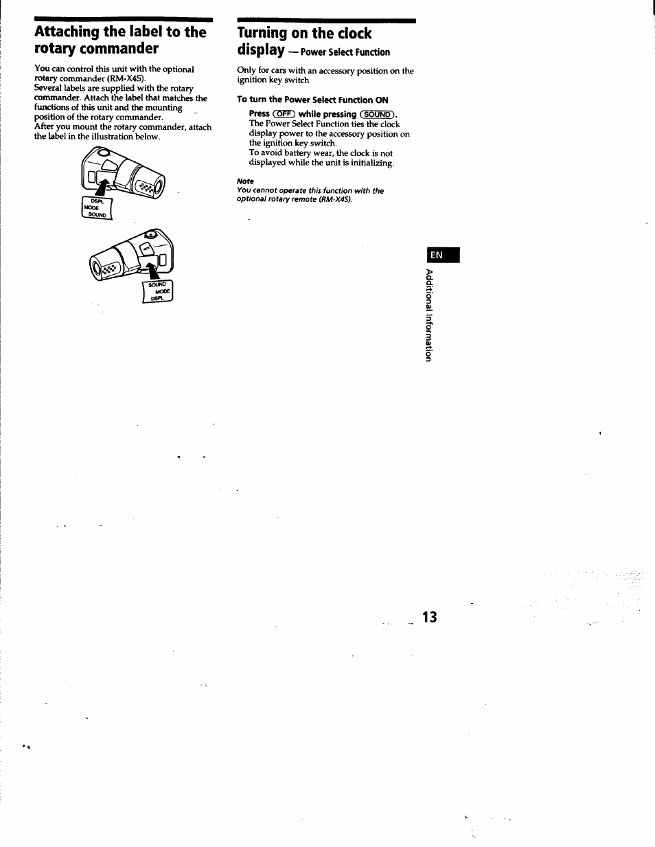 Attaching the label to the rotary commander, Turning on the clock, Display — power select function | Power select function, Turning on the clock display | Sony CDX-4180 User Manual | Page 13 / 16