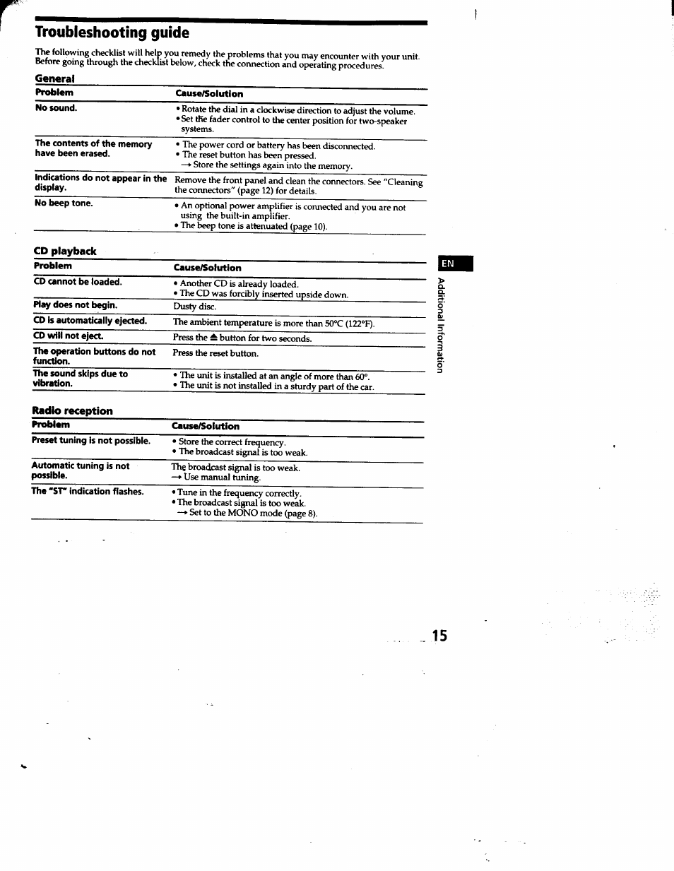 Troubleshooting guide, General | Sony CDX-4180 User Manual | Page 15 / 16