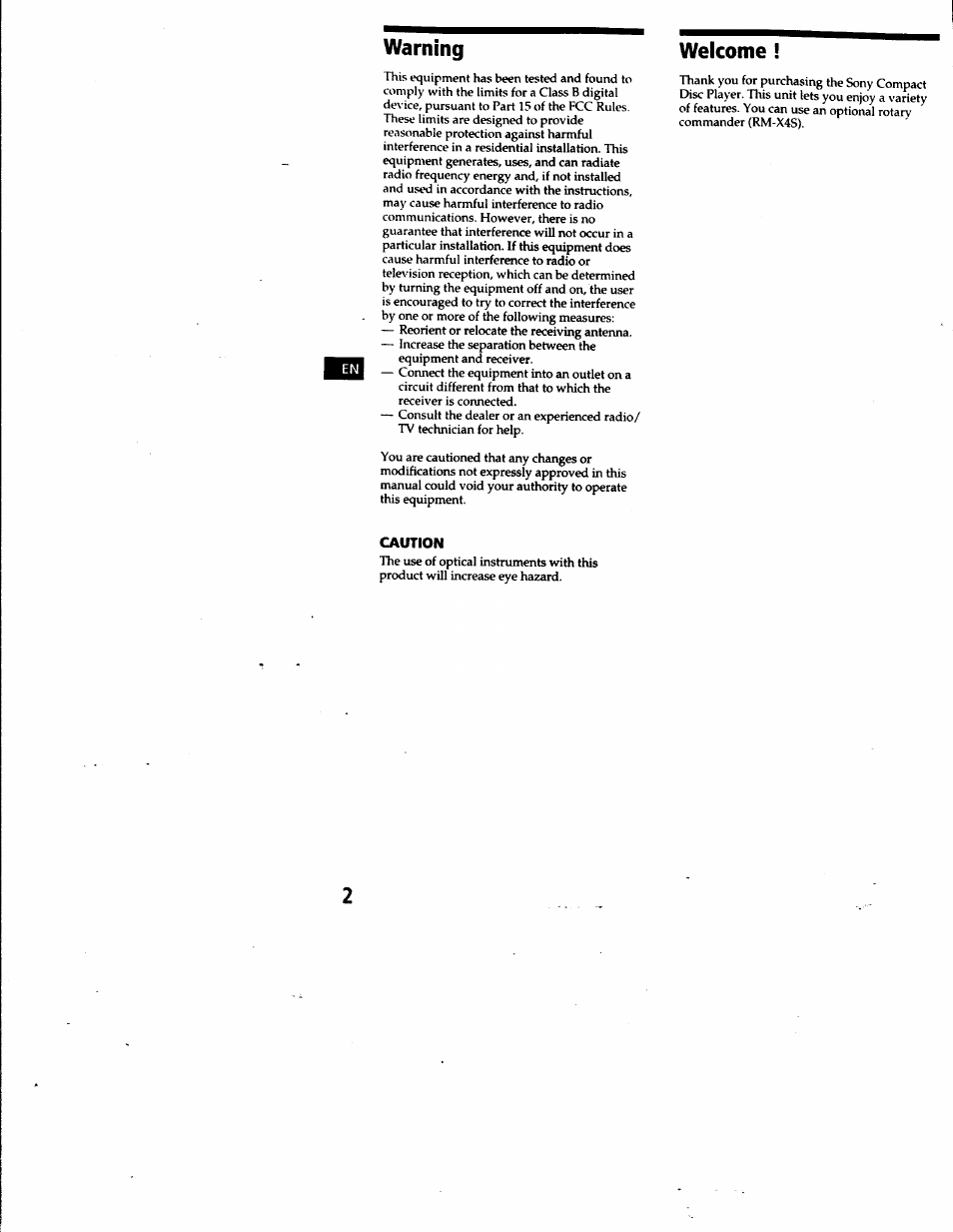 Warning, Welcome | Sony CDX-4180 User Manual | Page 2 / 16