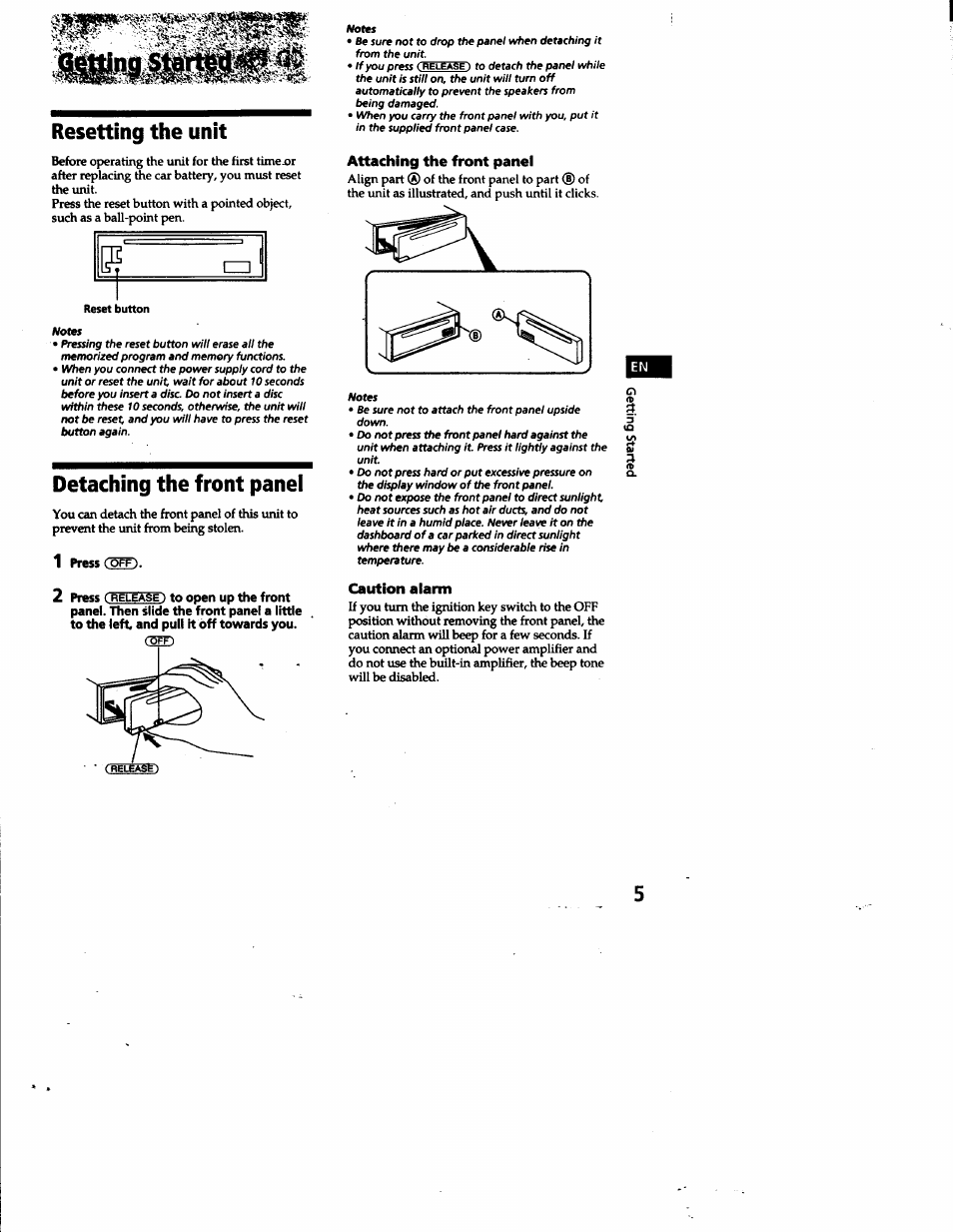 Resetting the unit, Detaching the front panel, Attaching the front panel | Caution alarm | Sony CDX-4180 User Manual | Page 5 / 16