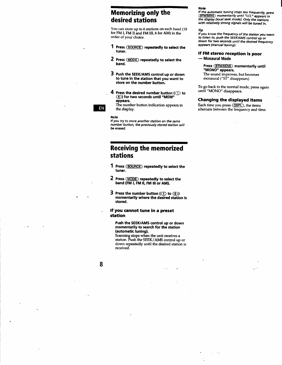 Memorizing only the desired stations, If fm stereo reception is poor, Changing the dispiayed items | If you cannot tune in a preset station | Sony CDX-4180 User Manual | Page 8 / 16