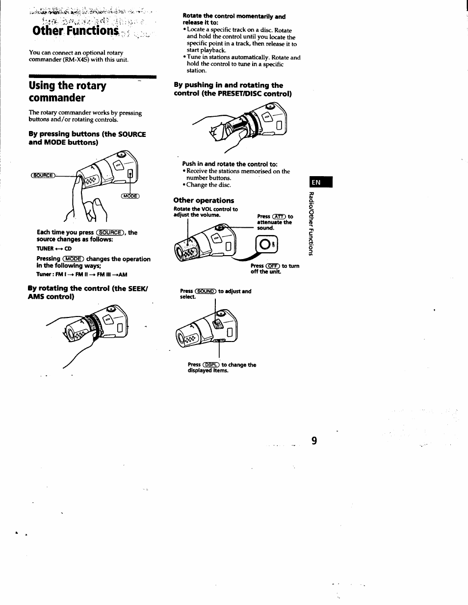 Using the rotary commander, By pressing buttons (the source and mode buttons), By rotating the control (the seek/ ams control) | Other operations, Othér function^ m | Sony CDX-4180 User Manual | Page 9 / 16