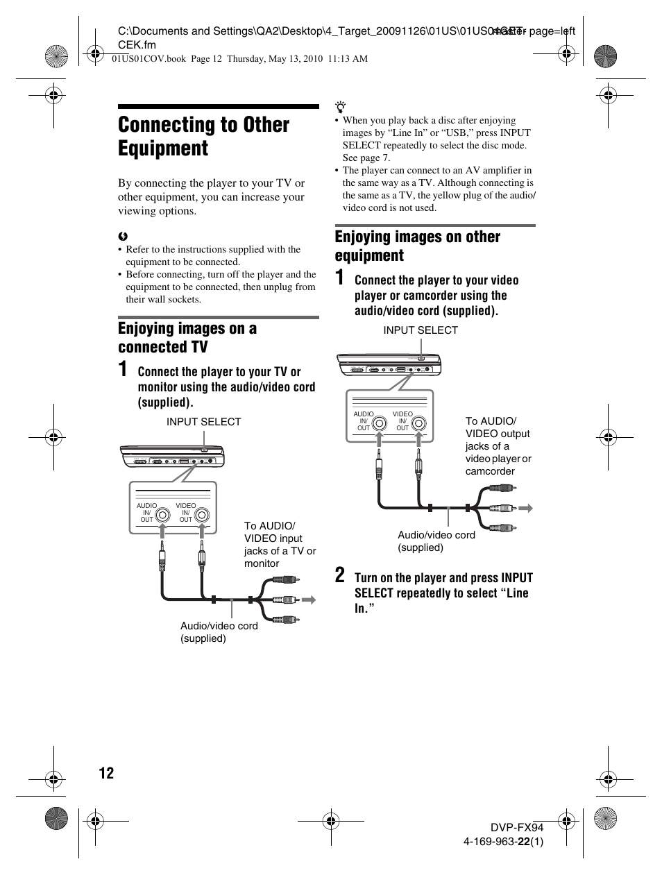 Connecting to other equipment, Enjoying images on a connected tv, Enjoying images on other equipment | Sony DVP-FX94 User Manual | Page 12 / 40