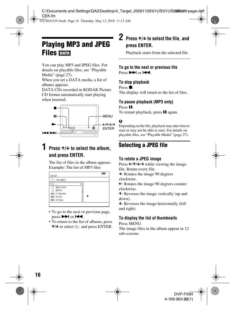 Playing mp3 and jpeg files, Selecting a jpeg file, Press x / x to select the album, and press enter | Press x / x to select the file, and press enter | Sony DVP-FX94 User Manual | Page 16 / 40