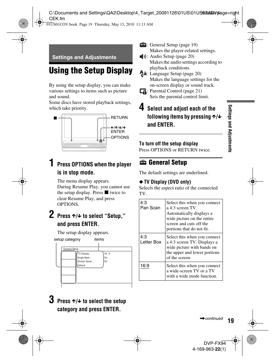 Using the setup display, General setup | Sony DVP-FX94 User Manual | Page 19 / 40