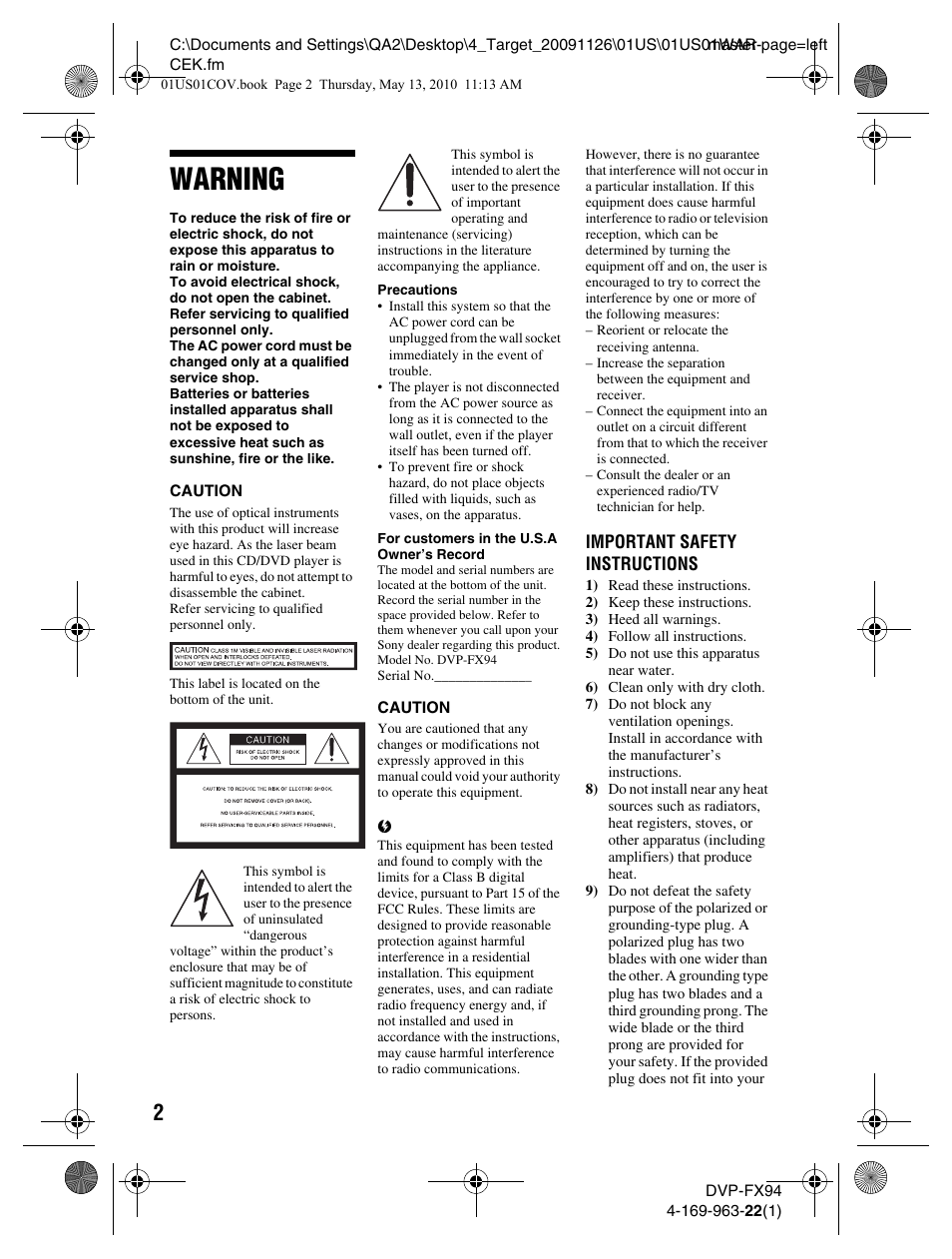 Warning | Sony DVP-FX94 User Manual | Page 2 / 40