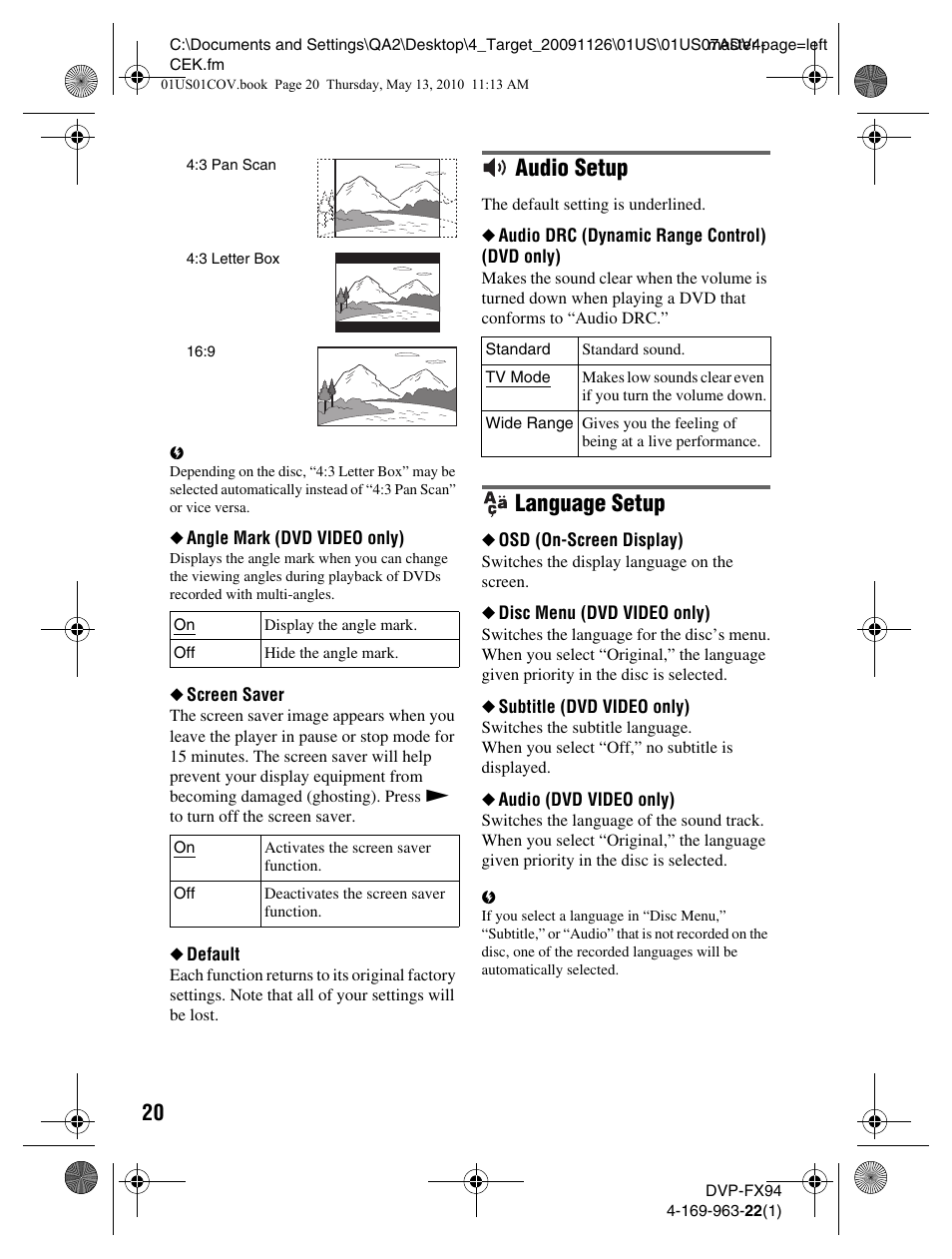 Audio setup, Language setup | Sony DVP-FX94 User Manual | Page 20 / 40