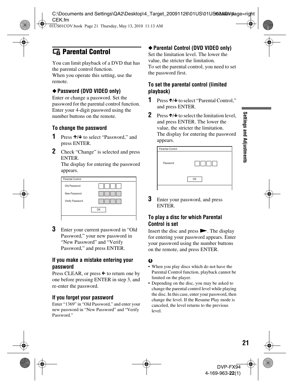 Parental control | Sony DVP-FX94 User Manual | Page 21 / 40