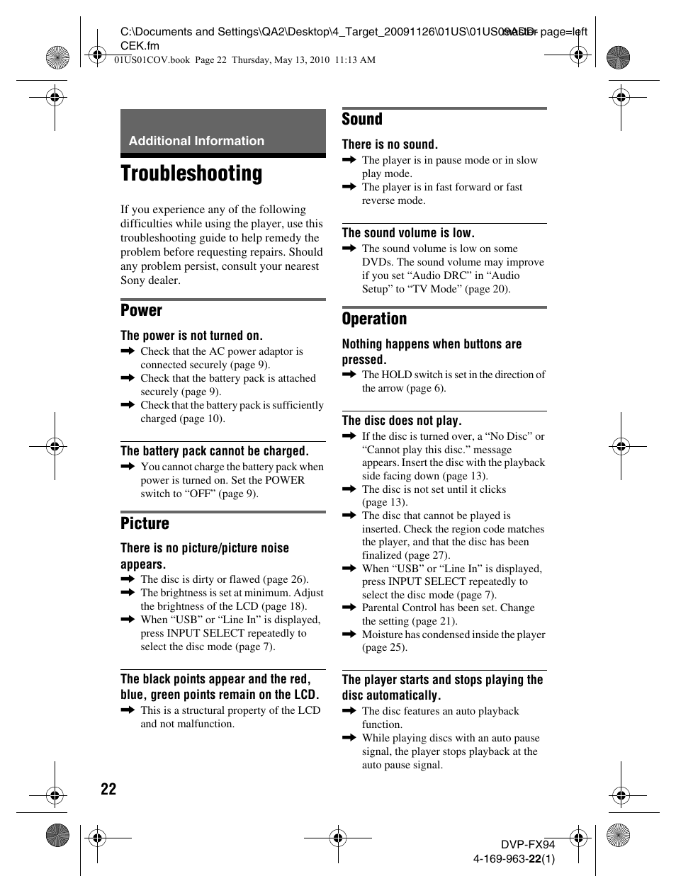 Troubleshooting, Power, Picture | Sound, Operation | Sony DVP-FX94 User Manual | Page 22 / 40