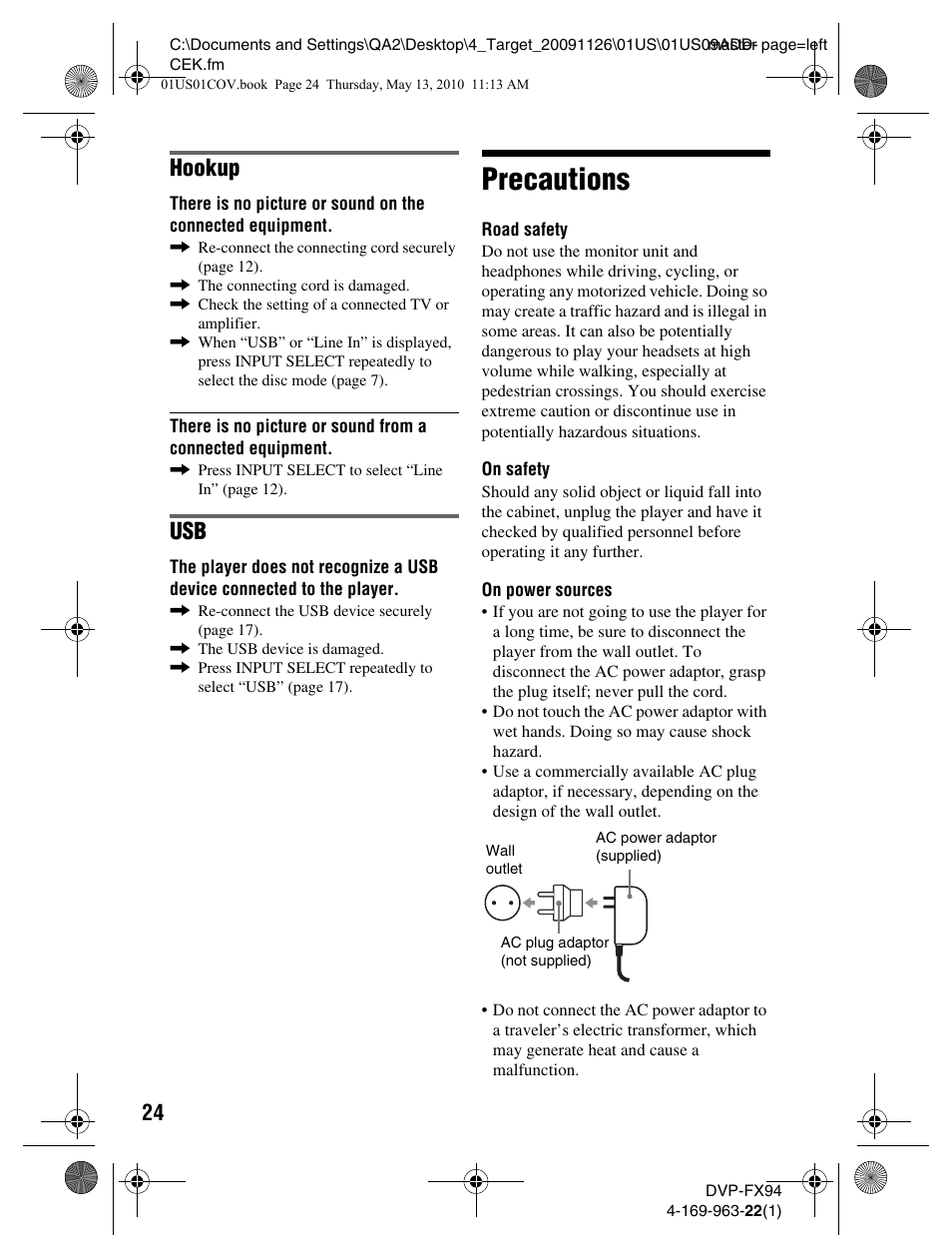 Precautions, Hookup | Sony DVP-FX94 User Manual | Page 24 / 40