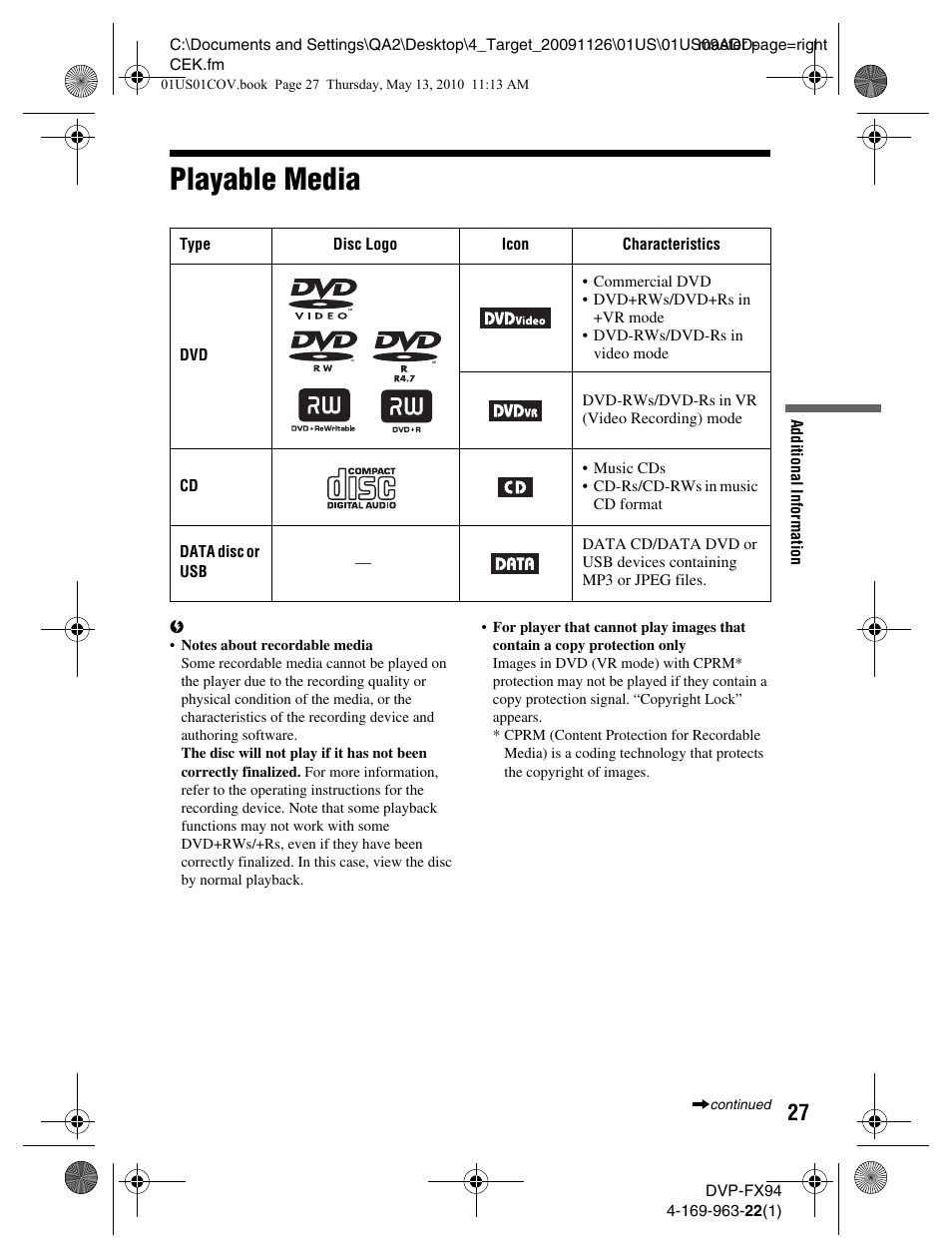 Playable media | Sony DVP-FX94 User Manual | Page 27 / 40