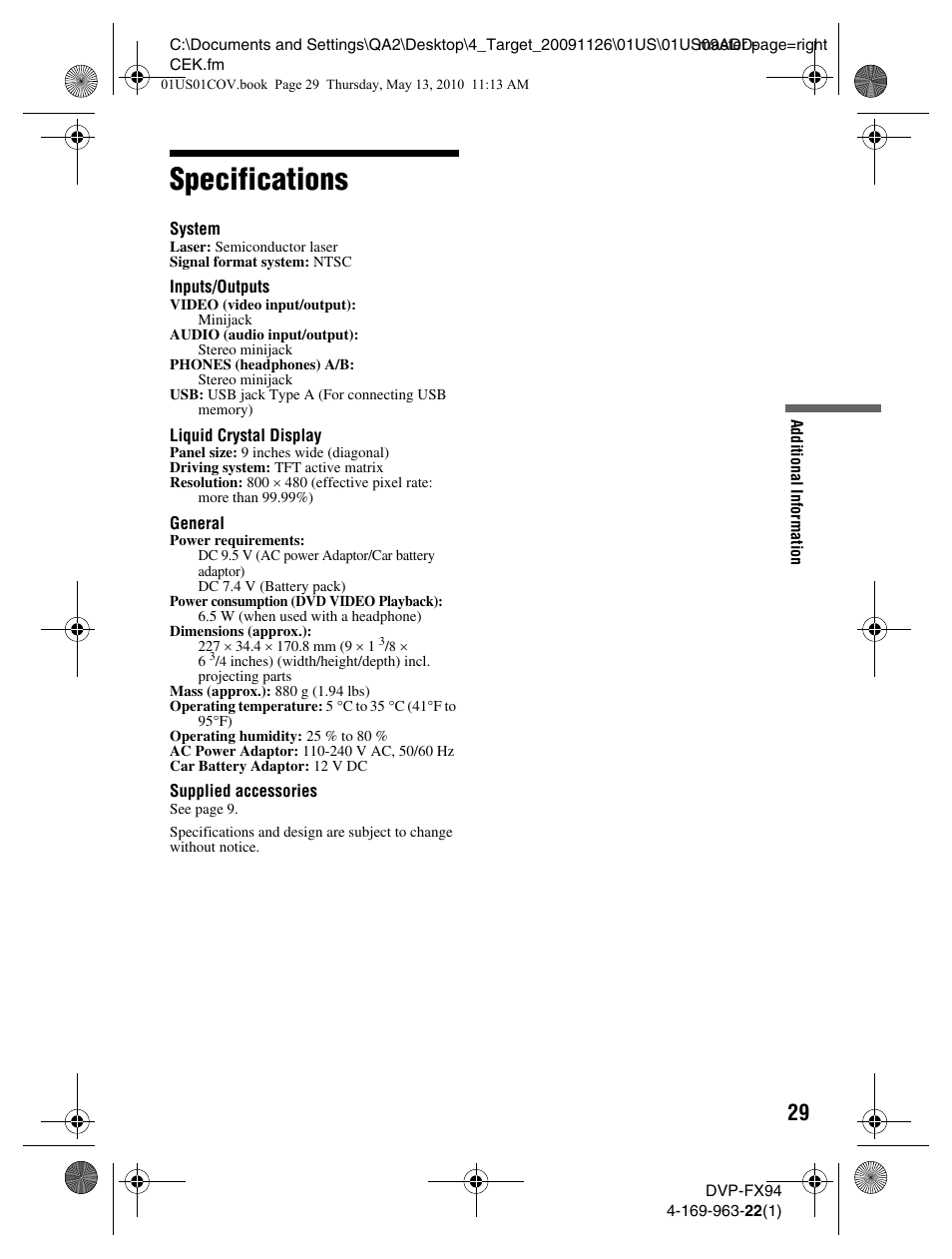 Specifications | Sony DVP-FX94 User Manual | Page 29 / 40