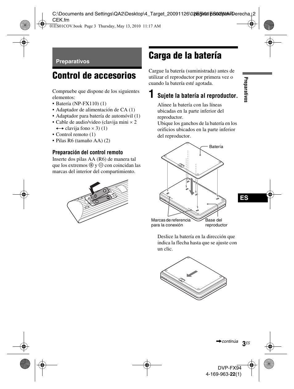 Control de accesorios, Carga de la batería | Sony DVP-FX94 User Manual | Page 33 / 40