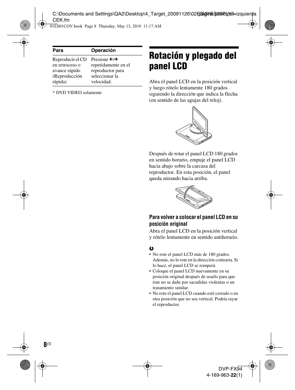 Rotación y plegado del panel lcd | Sony DVP-FX94 User Manual | Page 38 / 40