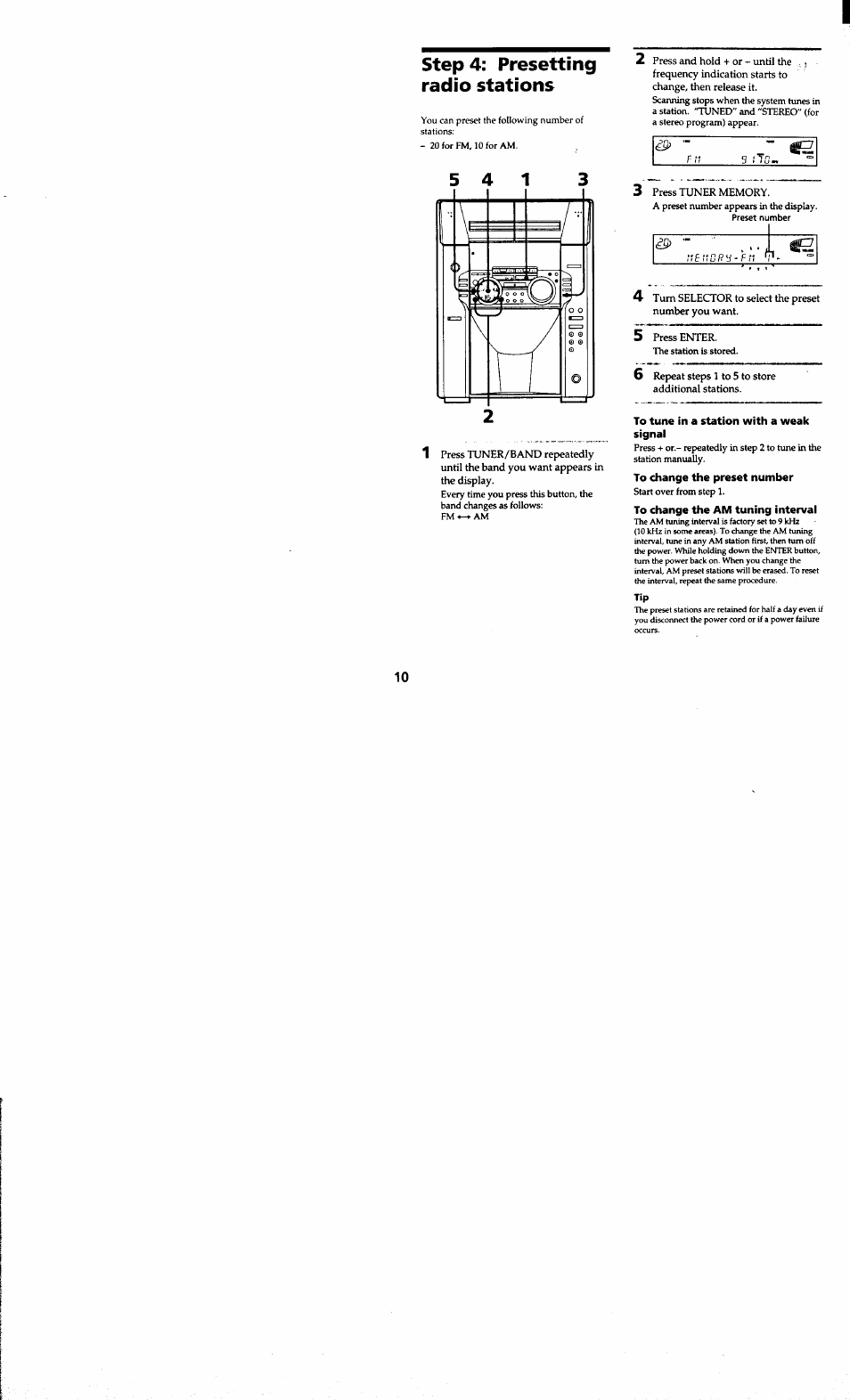 Step 4: presetting radio stations, To tune in a station with a weak signal, To change the preset number | To change the am tuning interval | Sony MHC-MC1 User Manual | Page 10 / 56