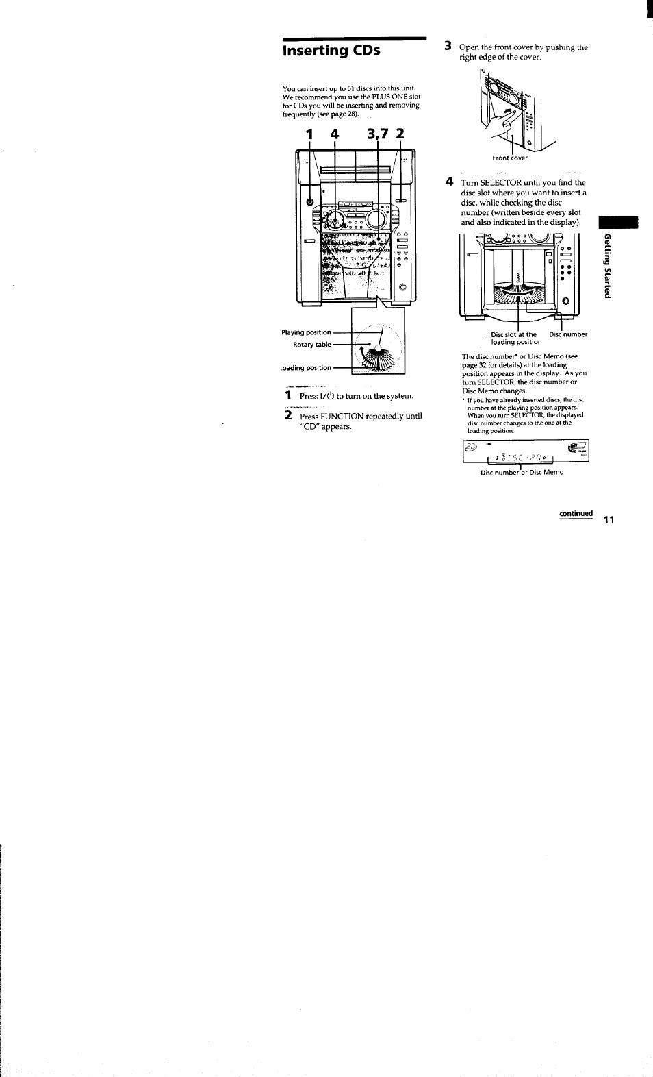 Continued, Inserting cds | Sony MHC-MC1 User Manual | Page 11 / 56