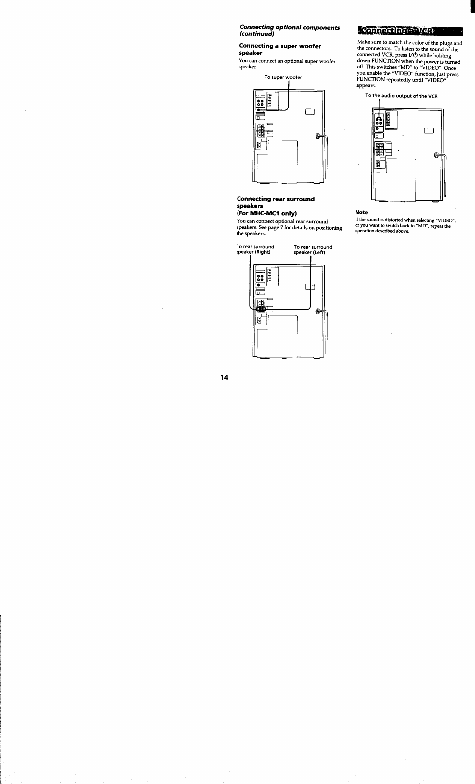 Connecting a super woofer speaker, Connecting rear surround speakers, For mhc-mc1 only) | Sony MHC-MC1 User Manual | Page 14 / 56