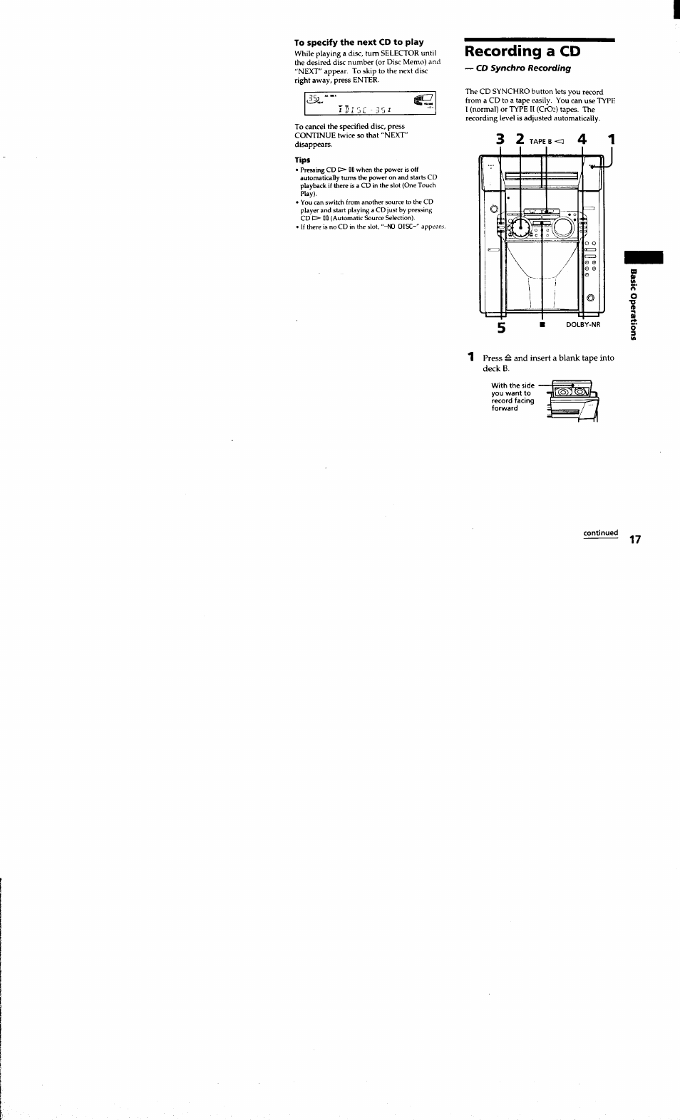 To specify the next cd to play, Recording a cd, Tips | Continued | Sony MHC-MC1 User Manual | Page 17 / 56