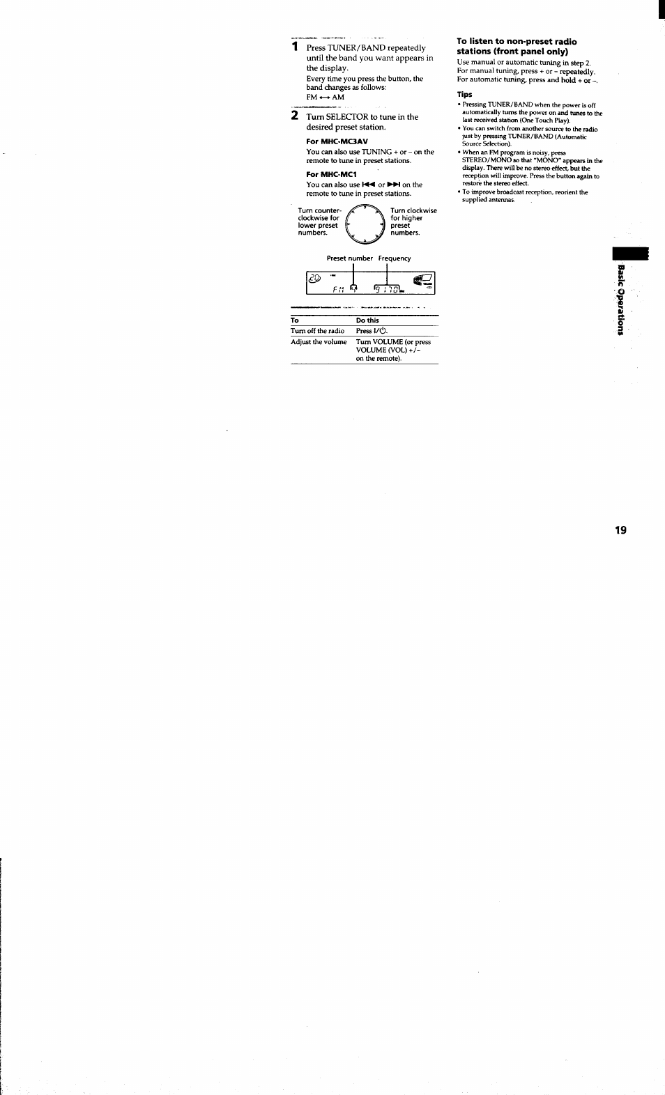 For mhc-mc3av, For mhc-mc1, Tips | Sony MHC-MC1 User Manual | Page 19 / 56