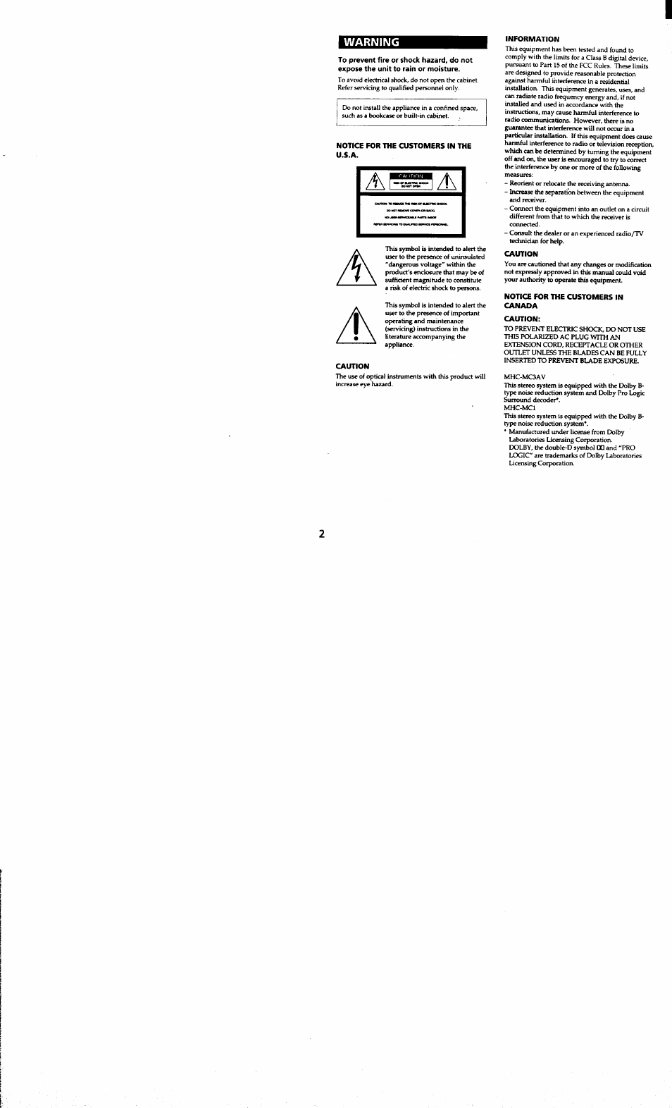 Warning, Notice for the customers in the u.s.a, Caution | Information, Notice for the customers in canada | Sony MHC-MC1 User Manual | Page 2 / 56